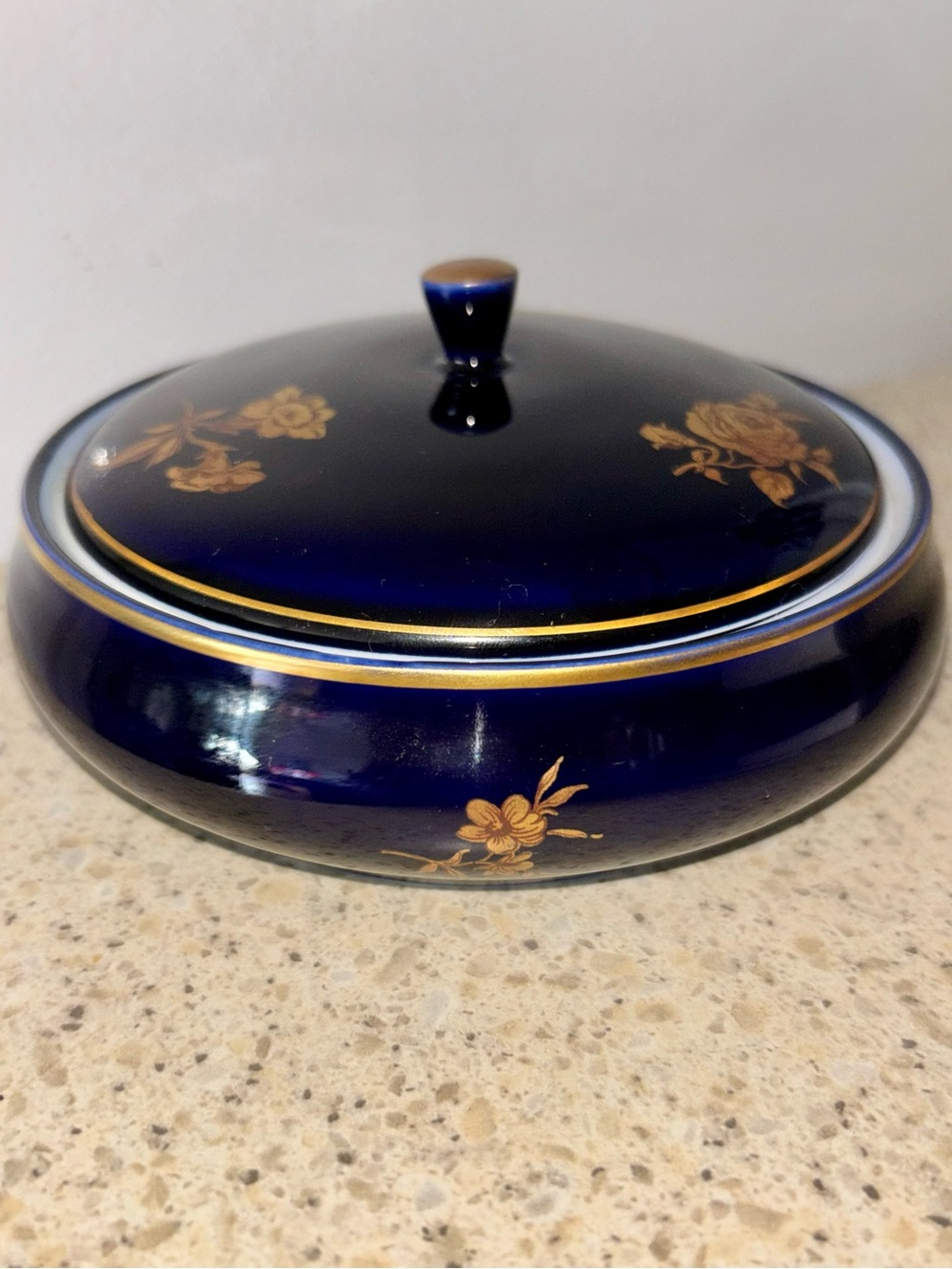 Hollohaza Cobalt Blue Porcelain Covered Dish with Gold Floral Accents